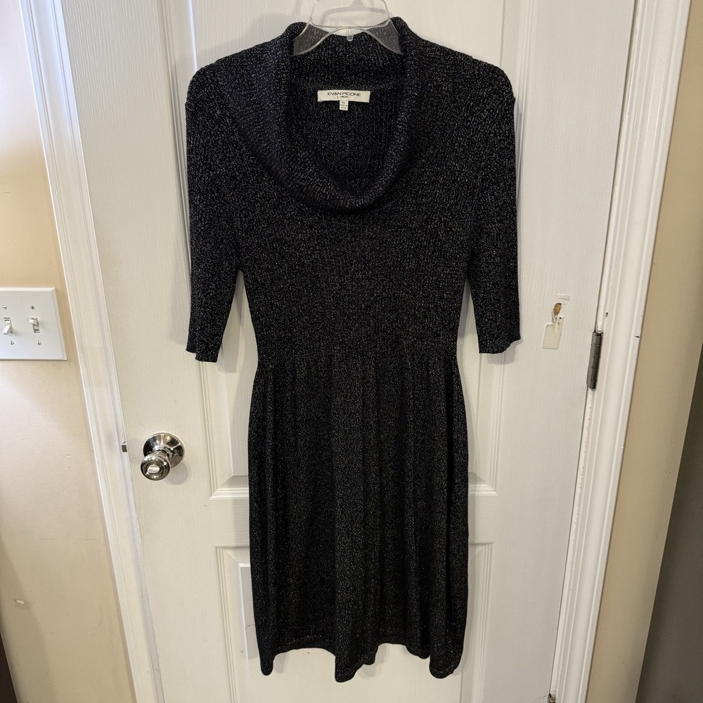 Evan Piccone Womens Sweater Dress‎ XL Black Metallic Cowl Neck Career Vintage